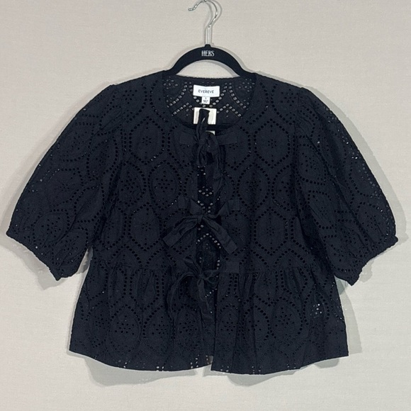 Evereve Tops - Evereve Elsie Eyelet Tie Front Blouse NWT Black Cotton Peplum Top S